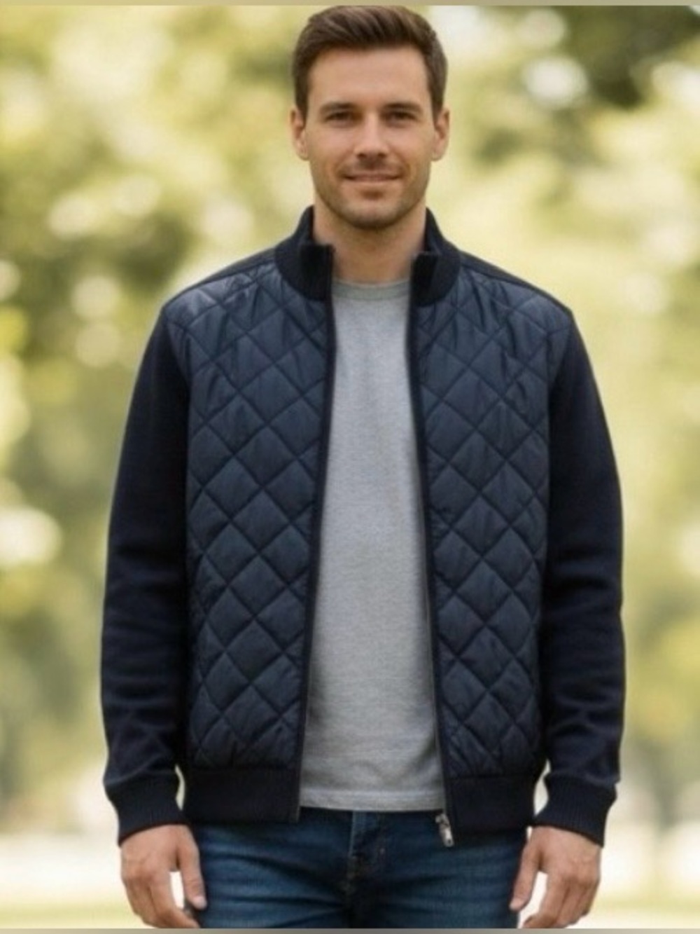 BOSS HUGO Boss Quilted Full Zip Sweater Jacket Navy Blue, Size Med